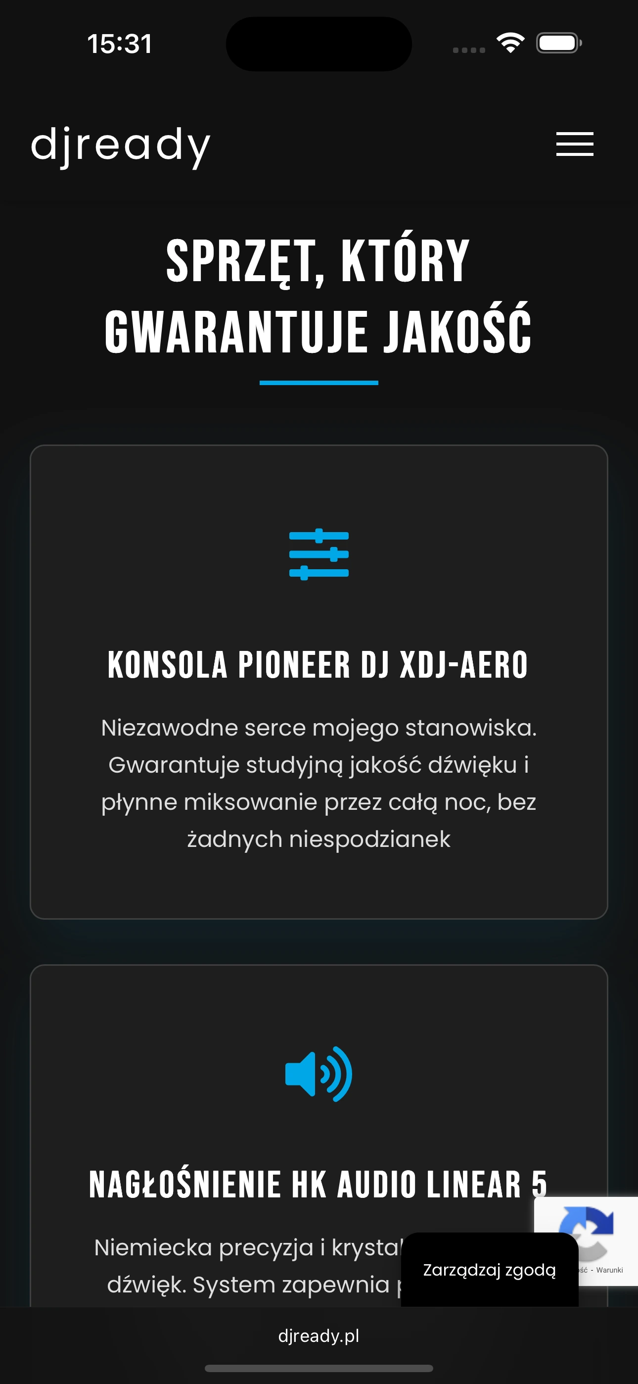 Podgląd strony DJ Ready - Strona dla mobilnego DJ-a na telefonie